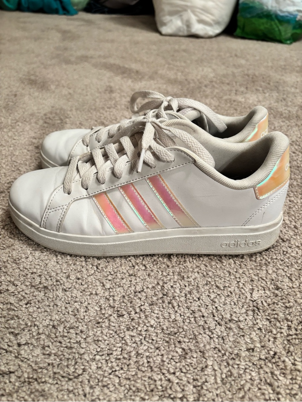 adidas White Sneakers with Iridescent Pink Stripes